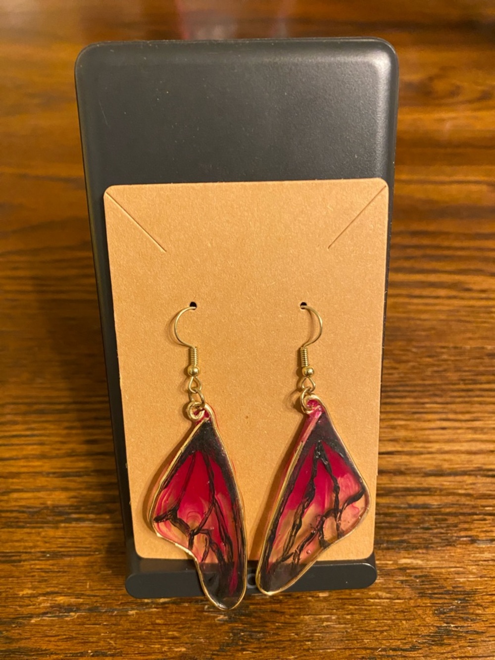 Handmade Butterfly Wing Dangle Earrings Pink Resin Gold Tone Boho NWOT